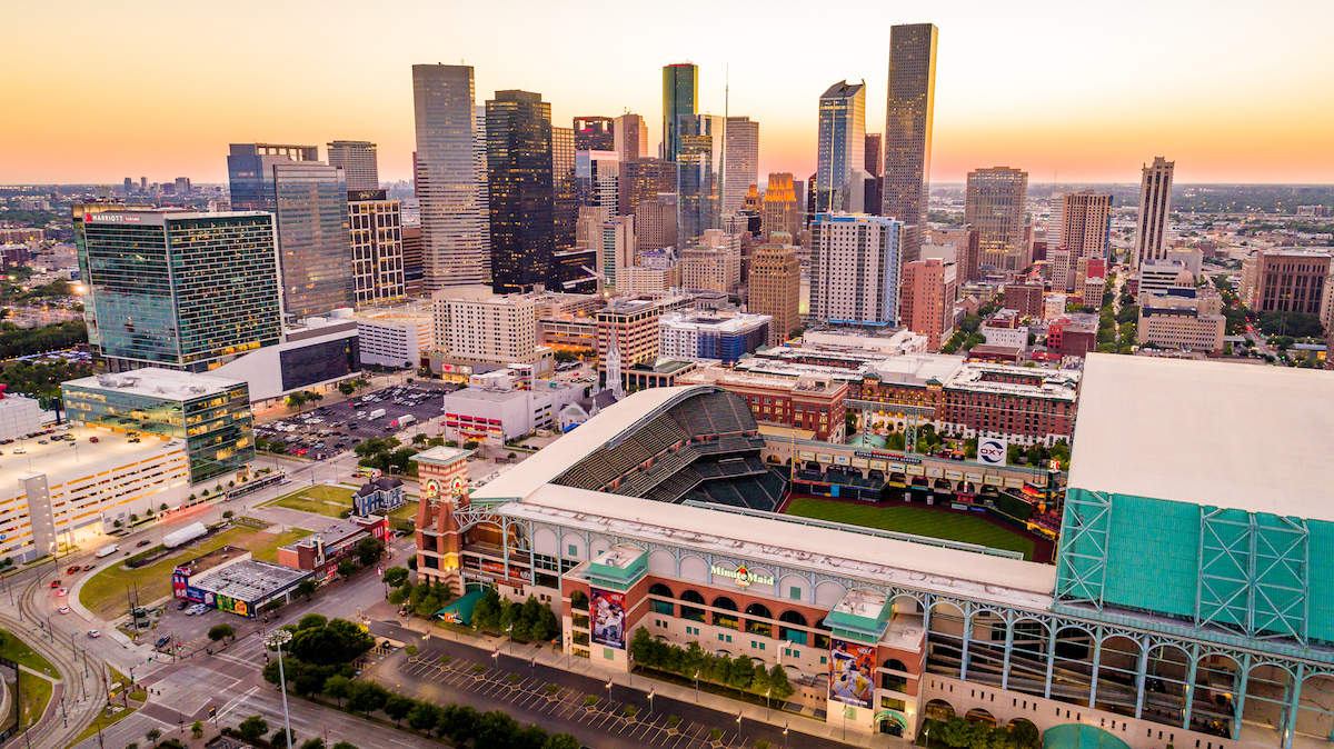 aerial view of Minute Maid Park and Houston skyline