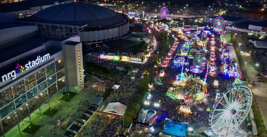 Aerial view of carnival outside of Houston Livestock and Rodeo in NRG Stadium
